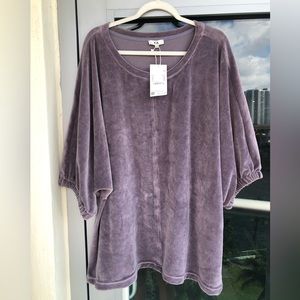 Gray velour top with ruched sleeves